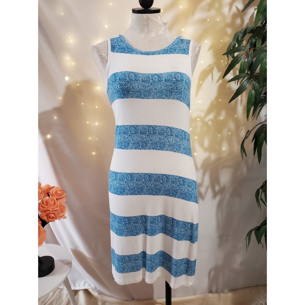 Charming Charlie Paisley Stripe Sleeveless Dress Womens Size S Blue White Light